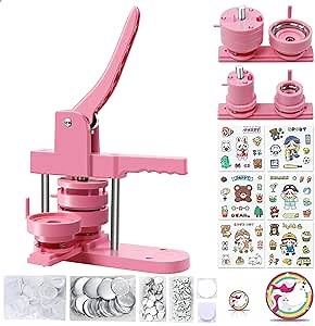 Button Maker Machine Multiple Sizes, Pin Maker Machine 1+2.25 inch, Badge Button Press Machine with Cute Stickers and 200 Sets Button Making Supplies&Circle Cutter for Girls Women(Pink)