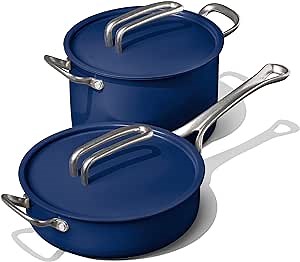 Risa Induction Cookware Pot and Pan Set - Nonstick, Ceramic Coating, Stainless Steel Handle Cookware Set - 10 inch Pot, 11 Inch Pan w/Lid - Deep Blue - Kitchen Sets for Cooking