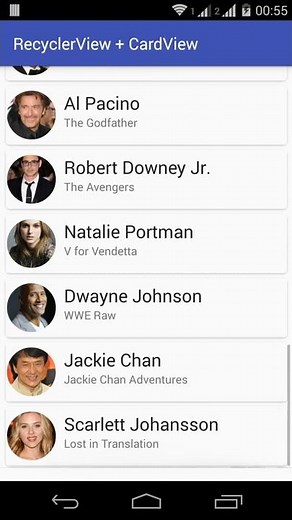 RecyclerView + CardView Android Studio Output