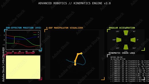 Advanced Robotics Kinematics Dashboard Showing 6-DOF Manipulator, End Effector Position, Joint Velocity Heatmap and Angular Acceleration Analysis