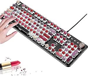 FELICON Lipstick Mechanical Gaming Keyboard, Typewriter Style Retro Keyboard with White LED Backlit,104-Key Anti-Ghosting Blue Switch Wired USB Metal Panel Round Keycaps for Desktop, Laptop