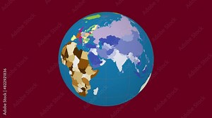 Spinning globe. Slanted sphere view. Moderate speed globe rotation. Colored countries style. World map with graticule lines on deep background. Pleasing animation.