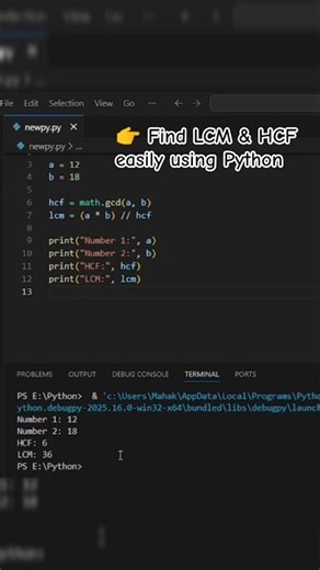 👉 Find LCM & HCF easily using Python#python #pythonprojects #coding #programming #ytshorts