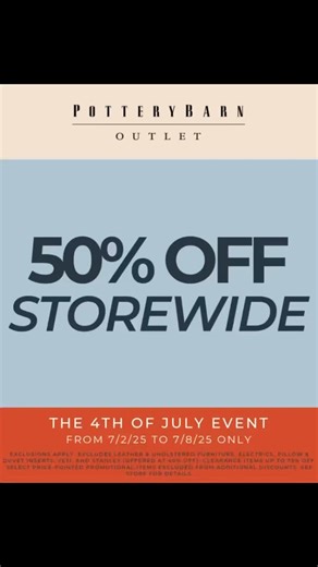 Pottery Barn Outlet Arlington on Instagram: "Red, white, and 50% OFF? 🎆 This 4th of July, the stars have aligned and so have the savings. ⭐ Take 50% OFF storewide at Pottery Barn Outlet. Give your space the stylish summer upgrade it deserves. ⭐ From statement rugs to dinnerware must-haves, it's your chance to give your home a summer refresh for half the price. But hurry, this won't last long! In-store only from 7/2/25-7/8/25. Some exclusions apply. See store for details. • 75% OFF clearance • 4