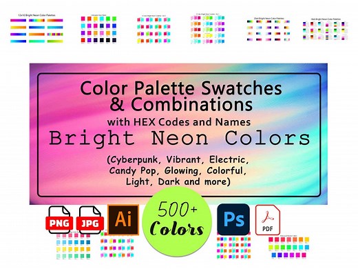 Bright Neon Color Palette Combinations Bundle 500  Colors | Hex Codes & Names | Electric, Vibrant, Colorful | Colour Swatches, Scheme, Tones - Etsy
