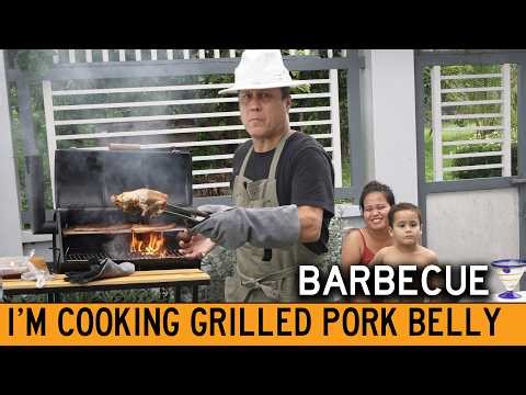Cooking Pork Belly and Thick Bacon On The Barbecue Grill