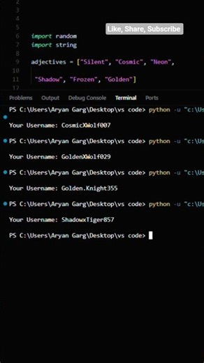 42/100—Python Code (Random Aesthetic Username Generator)#codequest.#coding #python #cursor #ytshorts