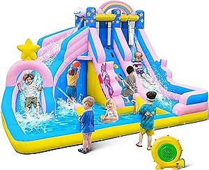 TOAOB Inflatable Water Slide: 6 in 1 Bounce House Water Park for Kids - Climbing Wall Splash Pool 2 Water Cannon 2 Slide Basketball Rim - 550W Blower - for Outdoor Backyard Birthday Party