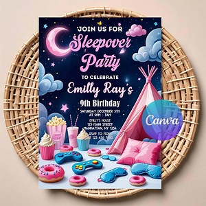 Sleepover Birthday Invitation for Girls | Editable Digital Download | Slumber Party Pajama Invite | Printable Sleepover Template - Etsy