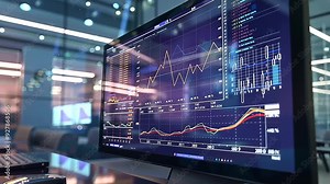 An interactive line graph on a large touch screen in a modern office, showing data points that highlight financial stability and market growth