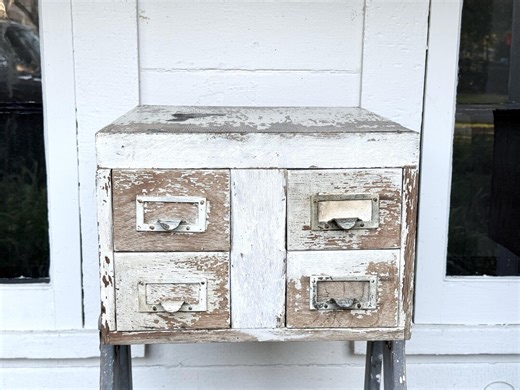 card catalog with worn white paint ~ 4 drawer library card catalog ~ authentic small card catalog ~ storage drawers ~ farmhouse antiques