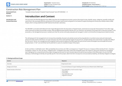 Construction Risk Management Plan Example and Sample