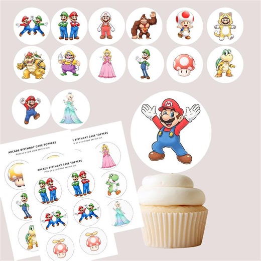 Arcade Mario Cupcake Toppers: Birthday Party Decorations (Digital Download)