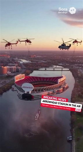 Helicopters Carrying Arrowhead Stadium Over Missouri River