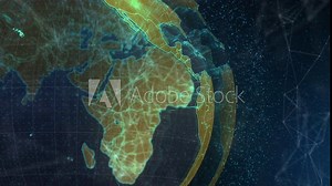 Opening showing holographic globe spinning over mesh backdrop, pulsing rings and connection lines