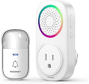 TECKNET Self-Powered Wireless Doorbell Kit - Plug-Through Door Bell with RGB Light, 60 Chimes & 5 Volume Levels, IP66 Waterproof Classroom Doorbell, 1000ft Range Doorbells for Home/Office