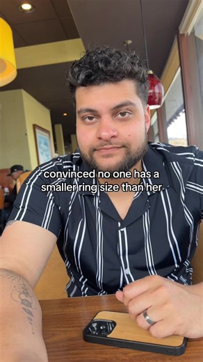 for reference - ally is 5’2 and her thumb fits a size 6 🙈 even the jeweler was shocked by her ring size and re-did the measurement…to top it off, we still had to get it resized bc it was too big #engagementring #ringsize #engagedtiktok #couplecomedy #couplestiktok