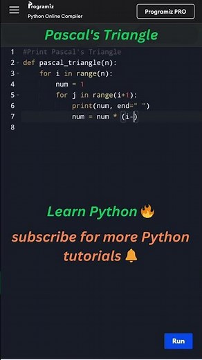 🔢 Print Pascal’s Triangle in Python | Step-by-Step Guide for Beginners 🚀 #shorts #pythontricks
