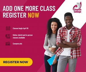 Complete your college requirements quicker by adding one more class for the spring 2022 semester! ✅ Mid-term (second 8-week session) classes begin April 16. Register online now via MyCompton or stop by Compton College’s Tartar Village this week for in-person assistance. | Compton College | Facebook