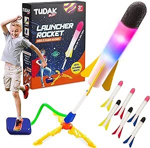 Light Up Toy Rocket Launcher for Kids | Shoots Up to 100 Feet in The Air | 6 Colorful Flashing Foam Rockets and Sturdy Launcher Stand, | Fun Outdoor Toy | Gift for Boys and Girls Age 3+
