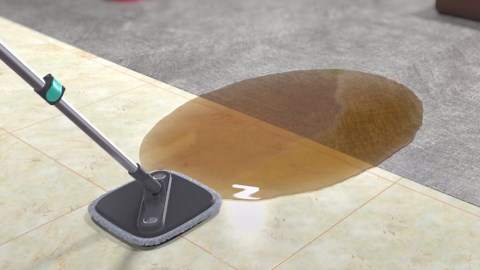 True & Tidy True Clean Spin Mop & Bucket System – Dual Compartment Design for Clean & Dirty Water, 360° Swivel Mop Head, Built-in Scrubbing Brush, Stainless Steel Handle & 2 Reusable Microfiber Pads