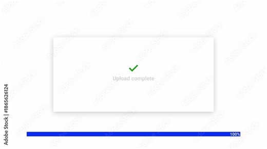 4K upload complete UI animation with background card, Upload Complete text, green check icon, and blue progress bar filling smoothly from 0 to 100 percent. Ideal for apps, software, and etc.