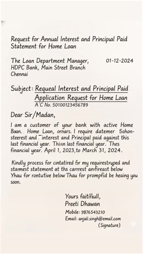 446 reactions · 31 shares | Request for Home Loan Statement Confused about how to request your annual home loan statement?  Here’s a sample letter that’s clear, formal, and effective for banking communication. #BankLetter #LoanStatement #FormalWriting #EnglishLearning #ApplicationFormat #WritingExamples | EduSphere Academy | Facebook
