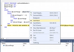 Debugging stored procedures in SQL Server Management Studio (SSMS)
