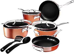 Gotham Steel Stackable 3 Piece Frying Pan Cookware Set– Stackmaster Ultra Nonstick Cast Texture Ceramic Coating, Stacks and Nests within Each Other - Dishwasher Safe,Brown