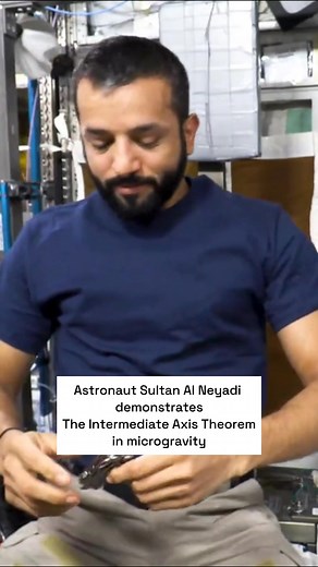 Ever wonder why some objects flip when they spin?🤔 The Intermediate Axis Theorem is the answer! Watch as Astronaut Sultan Al Neyadi demonstrates this principle in microgravity🧑‍🚀 When the moments of inertia around the first (I1) and third (I3) axes are nearly equal, rotational instability around the middle axis (I2) slows, resulting in that unique flipping behavior💫 Credit: Sultan Al Neyadi via X ♫˚.⋆⭒.˚⋆ ⋆♫˚.⋆⭒.˚⋆ ⋆♫˚.⋆⭒.˚⋆ ⋆♫ #WeBelieveInAstronauts #NationalAstronautDay #AstronautsDay #NAS