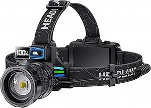 Super Bright Headlamp Rechargeable 99000 High Lumens LED Head Lamp Battery Powered,12 Modes Waterproof Comfortable Headlight Zoomable Digital Display Headlamps for Hardhat Camping Hiking Fishing