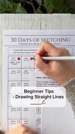 Tips for beginners: practice drawing straight lines ✍🏻 I didn’t do it in the video, but you can also turn your paper around for more convenient drawing. Straight lines aren’t my favourite thing, but they’re some of the most important lines, and they make a really great exercise for hand–eye coordination 👀 ☑️A bit of background on what I’m doing with 30 Days of Sketching. It’s not a challenge or a marathon, but a way to build a daily drawing habit, for as much time as you have. Decide on your n