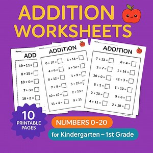 10 Printable Addition Worksheets 0–20 | Kindergarten & 1st Grade Math | PDF - Etsy Canada