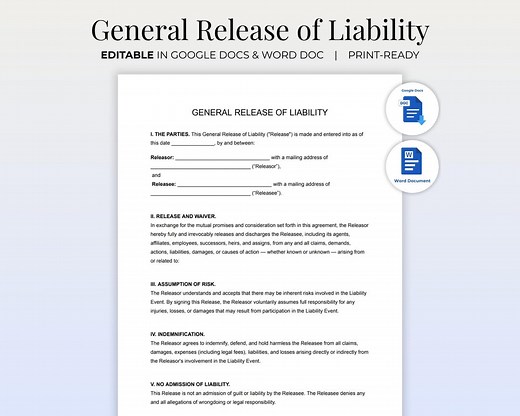 General Release of Liability Template | Editable Waiver, Indemnity & Hold Harmless Agreement | Word   Google Docs | Informed Consent Form - Etsy