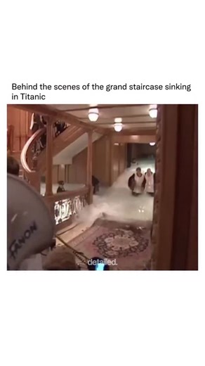 Detailed Explanation on Instagram: "The 1997 film “Titanic” featured an elaborate behind-the-scenes construction of the grand staircase sinking scene. This involved a detailed replica of the staircase, which was meticulously flooded to create the dramatic effect of the ship’s interior filling with water."