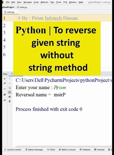 Python | To reverse given string without using string method #PrismInfotechHassan