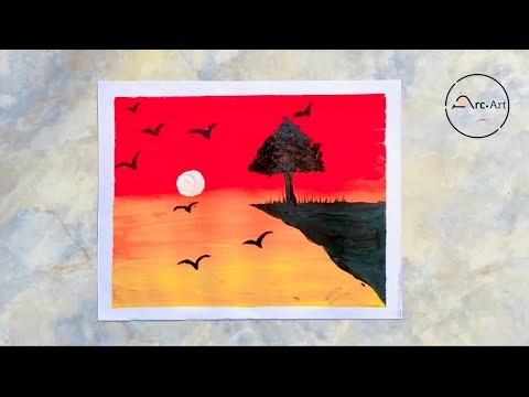 Beautiful Sunset Scenery Drawing | Easy Poster Color Painting for Beginners | Sunset Art Tutorial