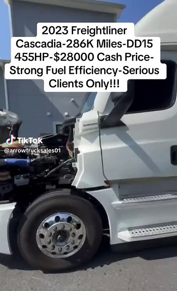 2023 Freightliner Cascadia Clean title and only 286k miles, powered by a DD15 455HP engine with a 2.85 ratio for strong fuel efficiency. Comes with a 120-gallon tank, smooth drive, and a dependable APU for idle-free comfort. Solid, clean, and ready to start working with no complications. #Freightliner #Truckersoftiktok #Trucking #Semitruck #Dieseltruck