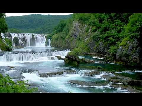 Beautiful Waterfall on a Flowing River 4k. Nature Sounds. Waterfall 4K, White Noise for Sleeping.