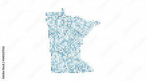 Minnesota dotted digital map. Map of Minnesota with pulsating colored circles. Shape of the US state filled with blue disks. Creative video.