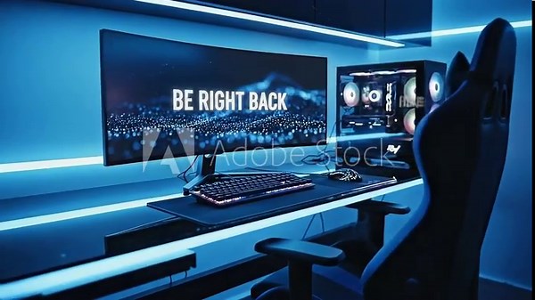 Gaming Setup: "Be Right Back" Screen and RGB PC. Stream starting soon screen, overlay loop, animated virtual backgrounds, livestream livestreamer, vtuber asset twitch OBS