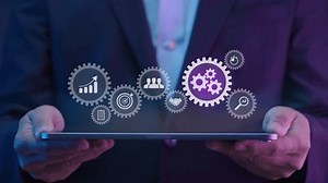 Businessman showing virtual screen of gear cog icon present operation management involving business process, workflow, problem solving, high performance, monitoring and evaluation, quality control.