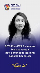 Manasa, an alumnus of BITS Pilani WILP M.Tech. Data Science and Engineering reveals how continuous learning supercharged her career. Admissions are open for M.Tech. Data Science and Engineering for working professionals. Apply before Sep 16, 2024 - https://bit.ly/4eeo0c8 #BITSPilaniWILP #ShapingPathfinders #workingprofessionals #BITSPilani #DataScience #MTech #ContinuousLearning #CareerGrowth #AdmissionsOpen | BITS Pilani Work Integrated Learning Programmes