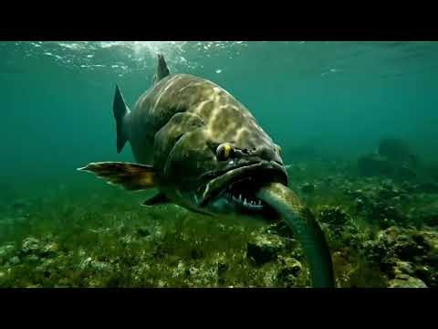 A scene captures a giant fish swallowing a snake.”