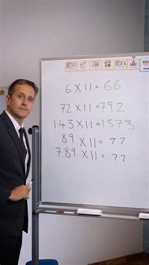 Raymond Finch on Instagram: "Multiply by 11 – easy math trick! 1 digit × 11 Repeat the number 6 × 11 = 66 2 digits × 11 Add the digits and put the answer in the middle 23 × 11 = 253 3 digits × 11 Add neighbouring digits and place the answers in between 123 × 11 = 1353"