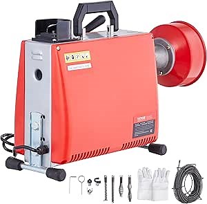 VEVOR 66FT x 5/8 Inch Drain Cleaner Machine, 250W Electric Sewer Snake Auger Manual Feed - with 7 Cutters, 2 Steel Cables (66' x 5/8" and 15' x 3/8")& CW/CCW Control for 1.6" to 4" Pipes