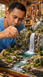 The diorama features a main waterfall that cascades down a cliff into a river below. The water is a transparent turquoise-blue, like resin, with a very realistic flowing effect, with white foam at the bottom of the waterfall. From the pool, a small river flows over rocks to the front of the diorama, with sparkling water currents, rushing water effects, and reflections. | Ical Faisal