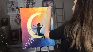 A printable outline will be available as an option or learn step by step on how to draw this fairy silhouette right here: https://www.dropbox.com/s/u6h535hep8ys743/129813675_212541350332575_3041428527106622244_n.jpg?dl=0 Bring your canvas or media art paper of any size (we use 16x20) Acrylic paints of phthalo blue, bright yellow and cadmium/crimson red as well as black and white. A large mop brush, or round or square soft brush. A medium size 4 flat square and a detailed brush. | Artist's Palett