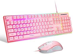 MageGee GT838 Gaming Keyboard and Mouse Combo, 104 Keys RGB Backlit Quiet Wired Keyboards for Laptop PC MAC, with Number Pad, Metal Panel, Anti-Ghosting, Pink