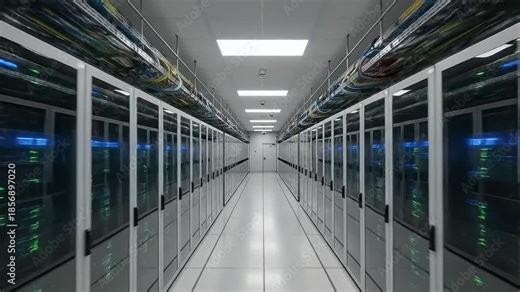 Modern Data Center Server Racks with Blinking Lights and Network Cables.
